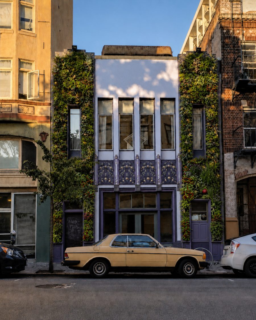 Concept study of a living-building facade with vertical plant walls on a San Francisco street.