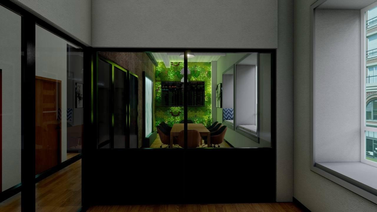 Regen Room concept rendering — the glass-walled growing room seen from an adjoining space, living wall lit inside.