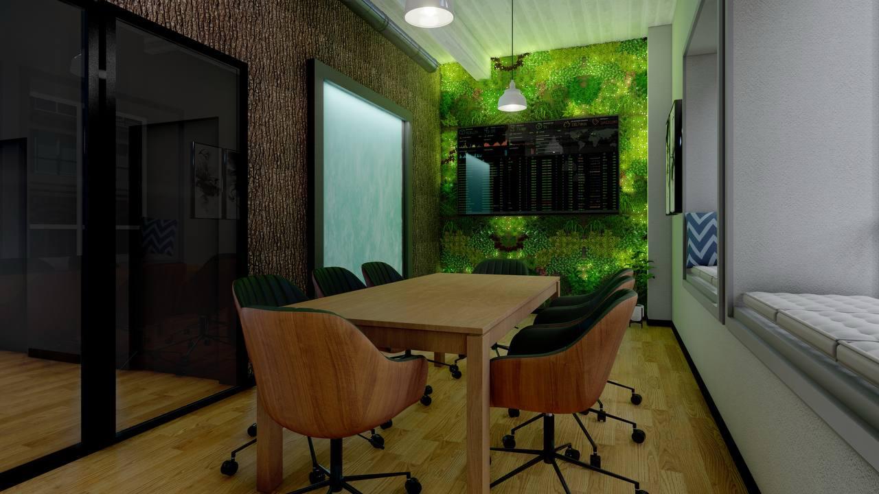 Regen Room concept rendering — a gathering table and chairs beside a living plant wall.