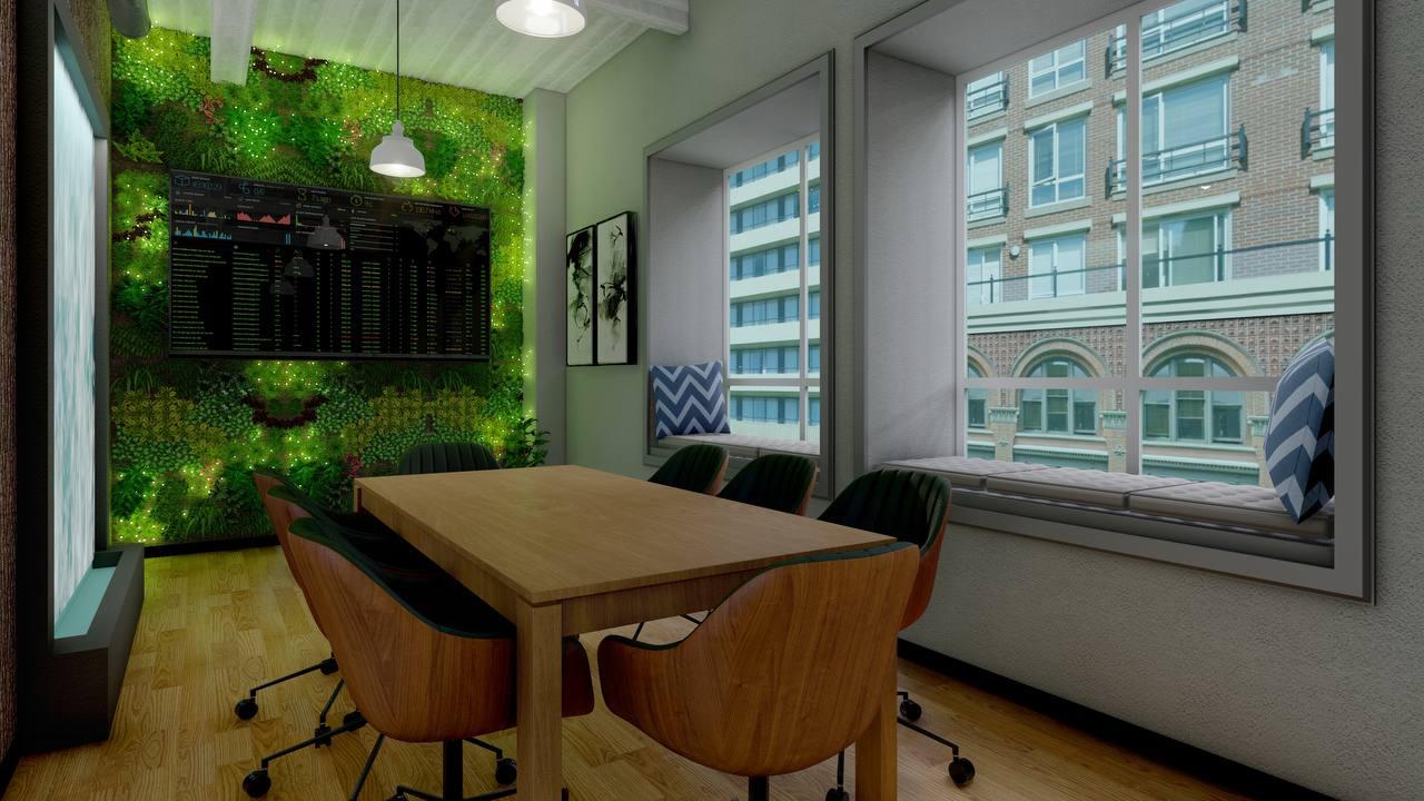 Regen Room concept rendering — a small indoor food-growing and gathering space in San Francisco, with a living plant wall and daylight from city windows.